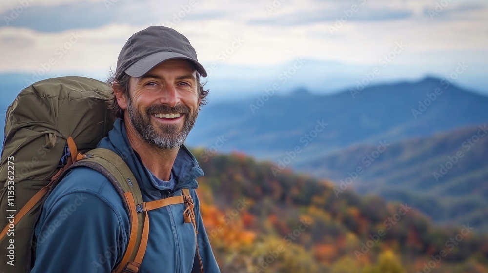 Adventurous Man Enjoys Stunning Fall Scenery on Mountain Peak in Blue Ridge Parkway, Asheville, North Carolina Adventurous Man Enjoys Stunning Fall Scenery on Mountain Peak in Blue Ridge Parkway, Asheville, North Carolina