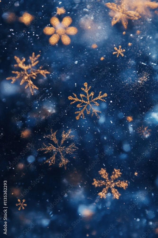 Golden snowflakes falling on a dark blue background. Golden snowflakes falling on a dark blue background.