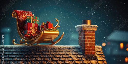 Christmas sleigh with presents stands on roof of house at night near the chimney. Creative concept of magic and gifts for the new year