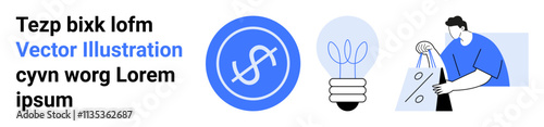 Abstract representation with currency icon, light bulb, and person carrying shopping bags. Ideal for finance, innovation, ecommerce, business development, startup, economy trends and marketing