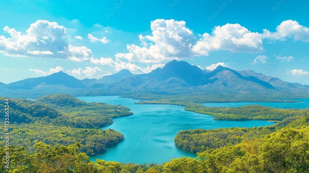 Obraz premium Scenic view of a serene lake surrounded by mountains and lush greenery.