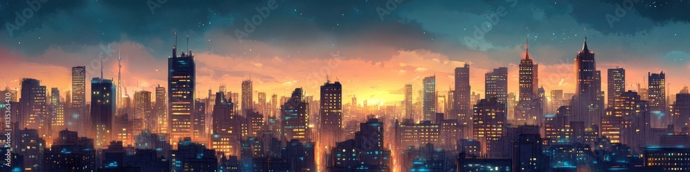 Fototapeta premium Vibrant Urban Landscape: A Dynamic Cityscape Illustration Showcasing Ecological Harmony in an Urban Environment