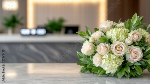 Elegant bouquet of white roses and hydrangeas on wooden table