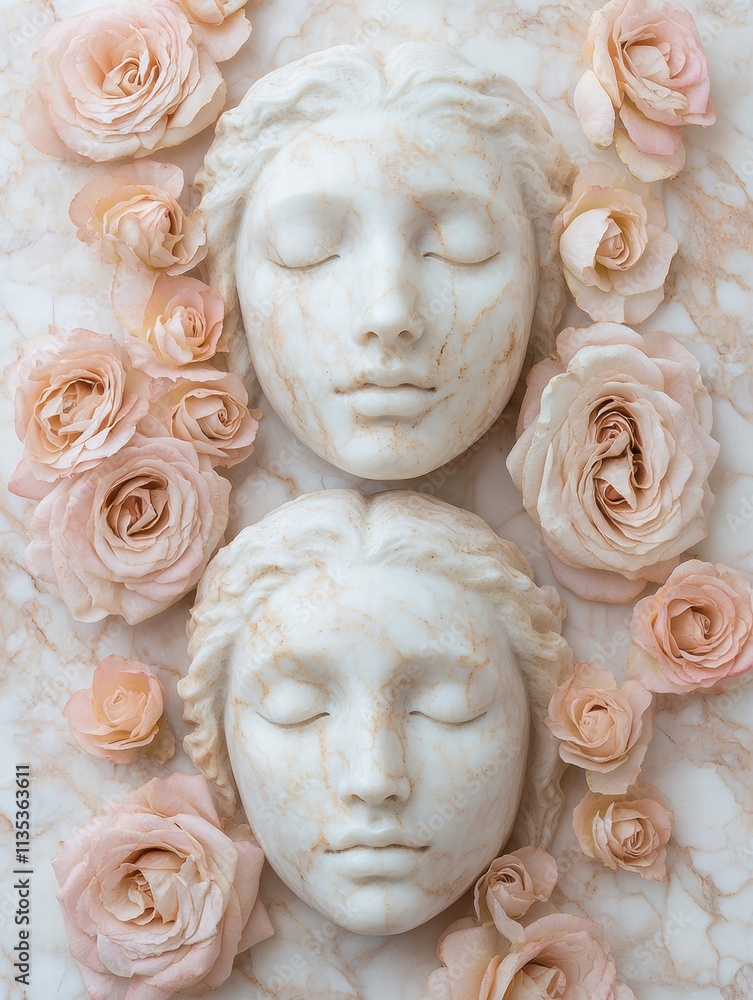 marble sculpture faces surrounded by pink roses marble sculpture faces surrounded by pink roses