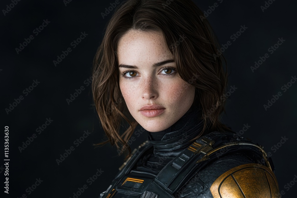 Portrait of a serious young woman in futuristic armor Portrait of a serious young woman in futuristic armor
