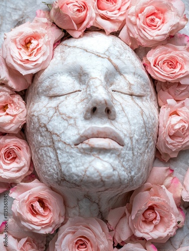 marble sculpture surrounded by pink roses
