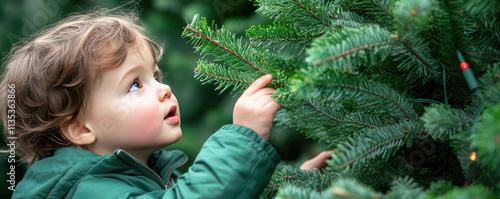 Enthusiastic child looks at a decorated outdoor Christmas tree. Decorating the city for the new year, children event, miracle 