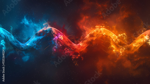 Fiery Flux: Abstract digital art depicting a mesmerizing wave of vibrant blue and fiery orange hues, intertwining and contrasting in a dynamic display of energy and motion.  