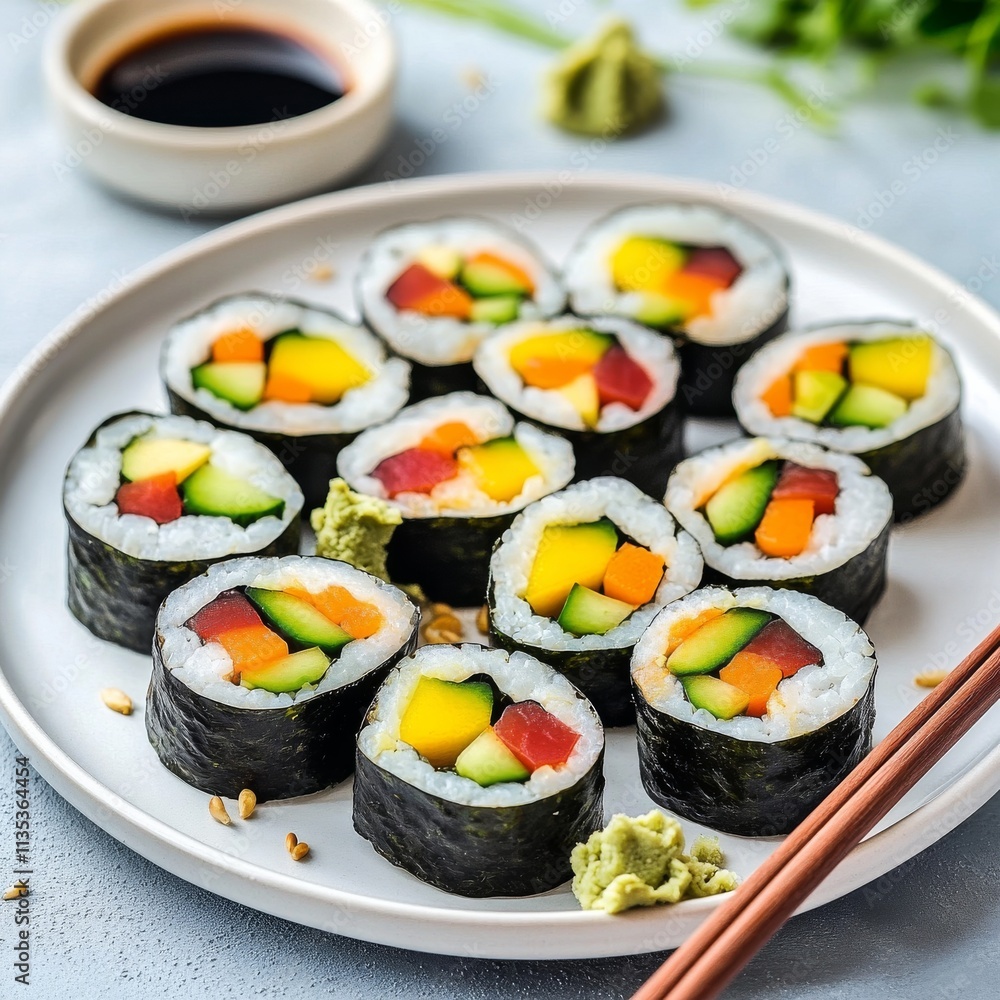 A plate of colorful veggie sushi rolls with avocado, cucumber, carrot A plate of colorful veggie sushi rolls with avocado, cucumber, carrot