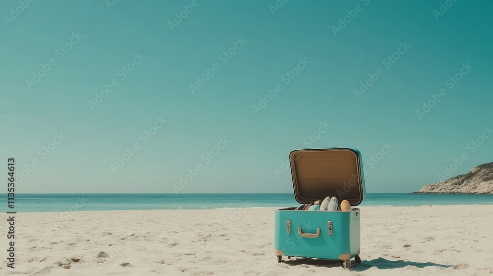 Teal suitcase open on sandy beach, ocean view. Teal suitcase open on sandy beach, ocean view.