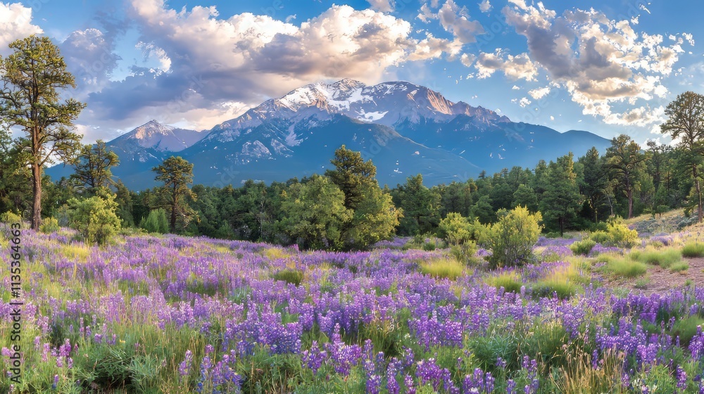Scenic view of mountains with a vibrant purple flower field in the foreground. Scenic view of mountains with a vibrant purple flower field in the foreground.