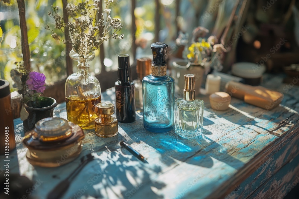 Cosmetic supplies and perfume on table Cosmetic supplies and perfume on table