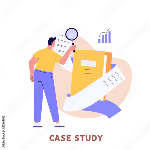 Man studying information, facts. Concept of case study, searching business information, analyze of product features. Vector illustration in flat design for web banner