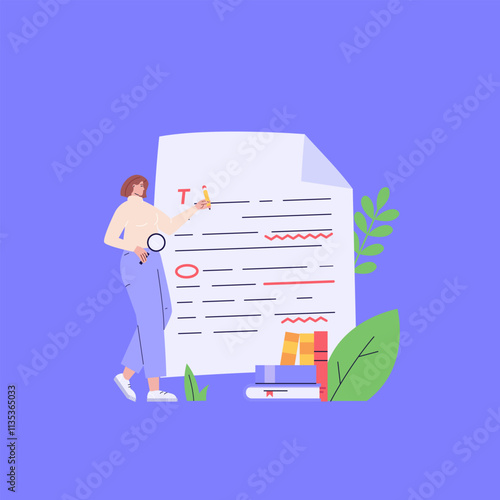 Editing document with text. Correcting grammar mistake with red marker. Teacher fix page text errors. Concept of text editing, grammar edit, correcting mistake. Vector flat cartoon illustration