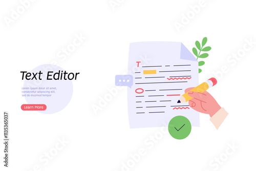 Editing document with text. Correcting grammar mistake with red marker. Teacher fix page text errors. Concept of text editing, grammar edit, correcting mistake. Vector flat cartoon illustration