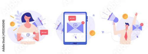 People promoting email marketing. Collection of concepts of email marketing promotion, mail campaign, newsletter mail sending. Vector illustration set in flat cartoon design.