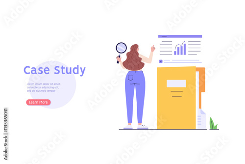 Woman studying information, facts. Concept of case study, searching business information, analyze of product features. Vector illustration in flat design for web banner