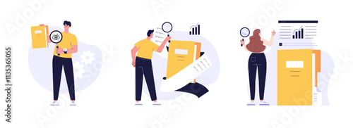 People studying information, facts. Set of case study, searching business information, analyze of product features. Vector illustration set in flat design for web banner