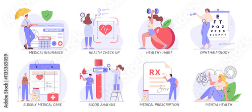 People with healthy habits. Medical services set. People buying health insurance, planning diet and meditating. Collection of healthy sleep, medical prescription, elderly care, ophthalmology