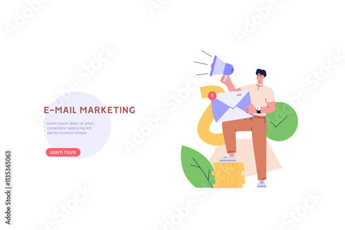 Person is using a megaphone to promote the benefits of email marketing. Concept of email marketing promotion, mail campaign, newsletter mail sending. Vector illustration in flat cartoon design.