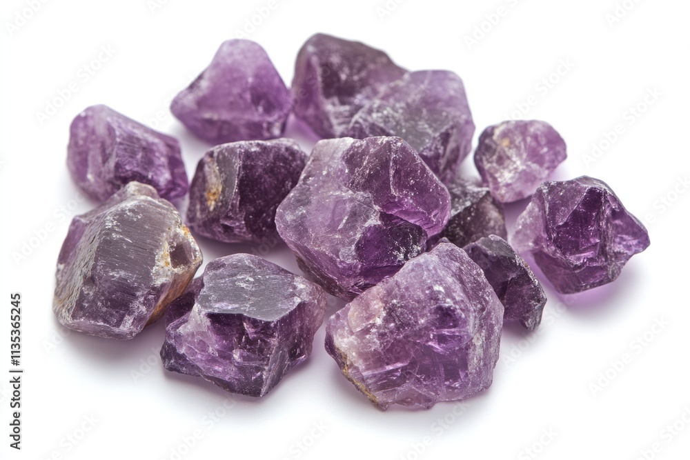 Macro View of Rough Amethyst Quartz Crystals: Stunning Purple Gemstones with Natural Texture on a Crisp White Background Macro View of Rough Amethyst Quartz Crystals: Stunning Purple Gemstones with Natural Texture on a Crisp White Background