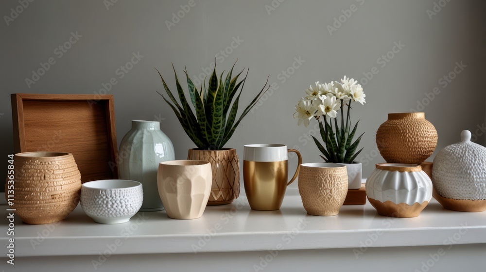 Fototapeta premium Stylish home decor with vases, mugs, plants, and wooden tray.