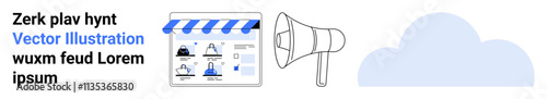 Promotional webpage featuring cloud storage service with a user interface and megaphone emphasizing marketing. Ideal for digital marketing, cloud services, online promotions, website design