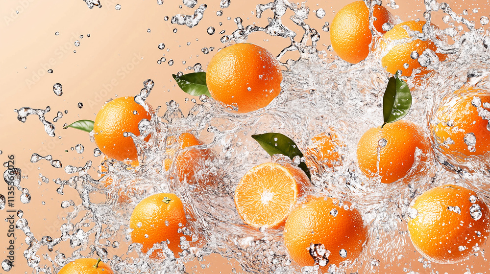 Fresh oranges splashed with water droplets on orange background. Fresh oranges splashed with water droplets on orange background.