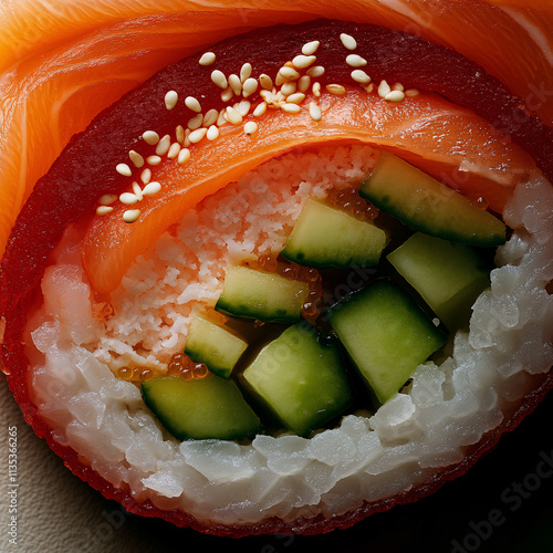 A mesmerizing macro shot unveils the exquisite details of a salmon sushi roll.  Layers of succulent salmon, rice, cucumber, and sesame seeds create a vibrant, mouthwatering culinary masterpiece photo