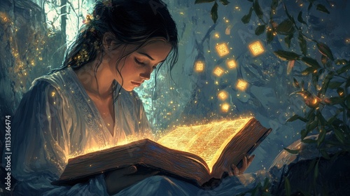 A princess reading magical books under a glowing light, illustrating the charm of fairy tales and magic.