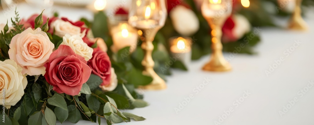 Elegant dinner table adorned with roses and gold candlesticks, lavish beauty, romantic indulgence Elegant dinner table adorned with roses and gold candlesticks, lavish beauty, romantic indulgence