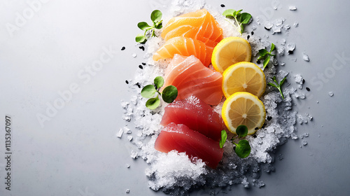 Indulge in this vibrant sashimi set! Premium salmon, tuna slices arranged artfully on ice with lemon wedges and fresh herbs