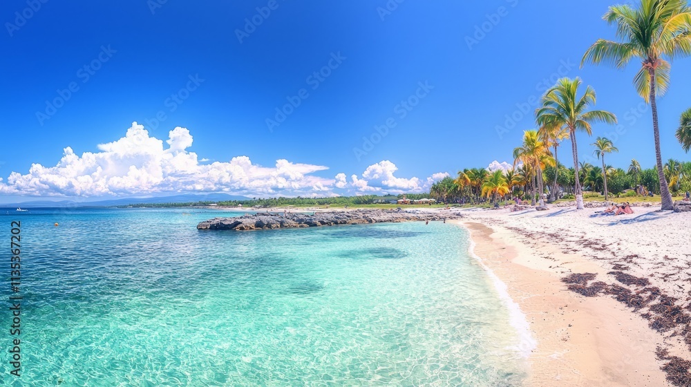 Fototapeta premium Serene beach scene with clear turquoise water and palm trees under a blue sky.