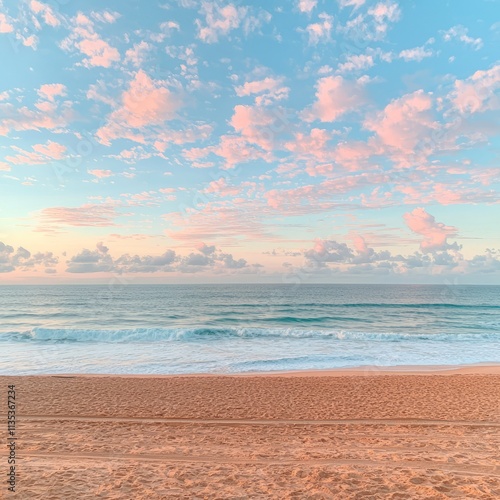 Serene beach scene with gentle waves and pastel clouds at sunset.