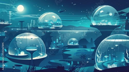 A conceptual illustration of a futuristic underwater city powered by tidal energy photo