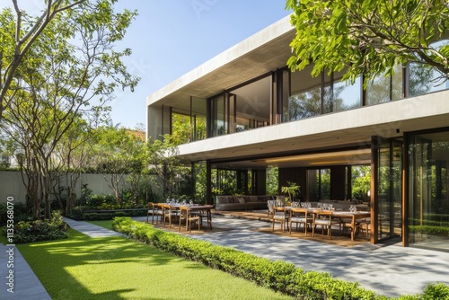 Stunning Luxurious Modern House Exterior Showcasing Elegant Dining Space and Lush Garden Design