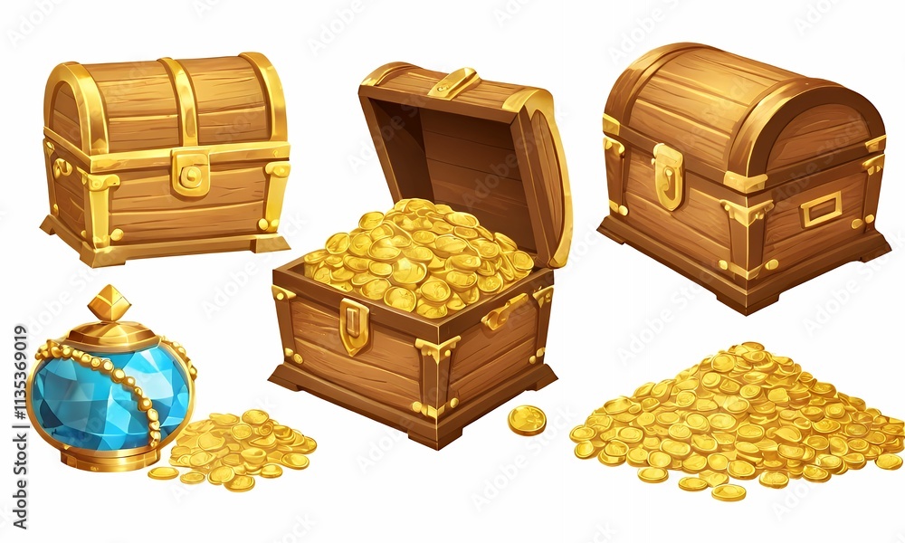 Treasure chest and piles of gold set isolated on white background. Vector cartoon illustration of golden coins, color gemstones, royal crown, old sabre and wooden box, jewelry cave or treasury assets Treasure chest and piles of gold set isolated on white background. Vector cartoon illustration of golden coins, color gemstones, royal crown, old sabre and wooden box, jewelry cave or treasury assets