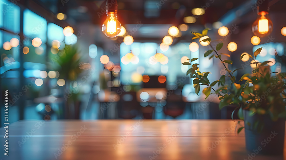 Cozy Cafe Ambiance: A rustic wooden table in a dimly lit cafe, featuring warm Edison bulb lighting and a small potted plant in the foreground, creating a relaxing and inviting atmosphere. Cozy Cafe Ambiance: A rustic wooden table in a dimly lit cafe, featuring warm Edison bulb lighting and a small potted plant in the foreground, creating a relaxing and inviting atmosphere.