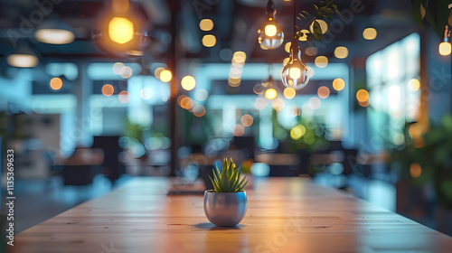 Wallpaper Mural A Touch of Greenery: A single succulent in a minimalist pot sits on a wooden table in a modern coworking space. Torontodigital.ca