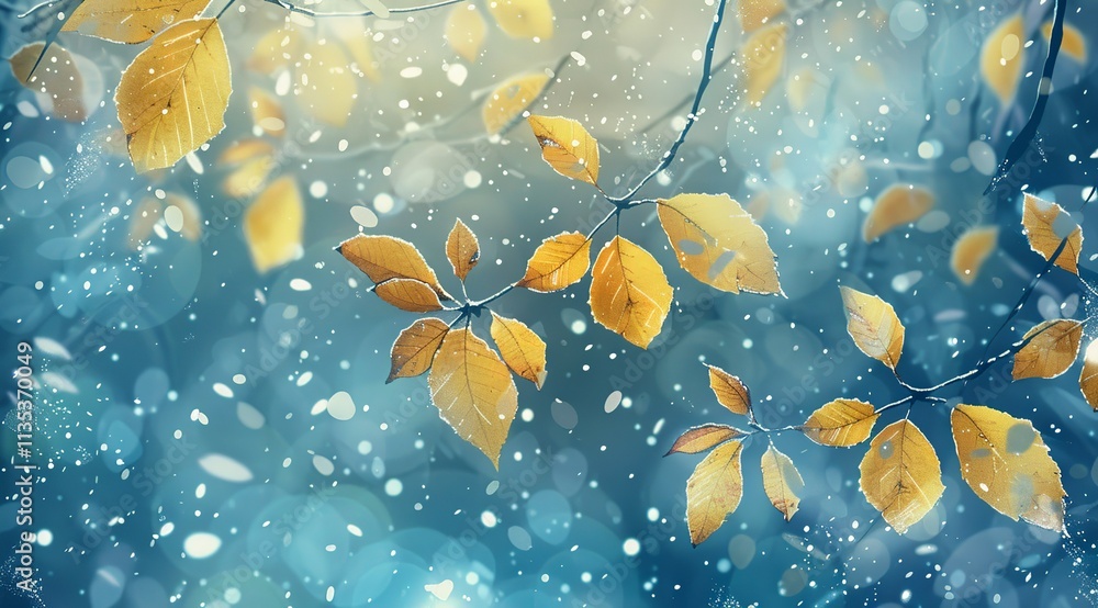 Tree branches with golden leaves and falling snowflakes in winter Tree branches with golden leaves and falling snowflakes in winter