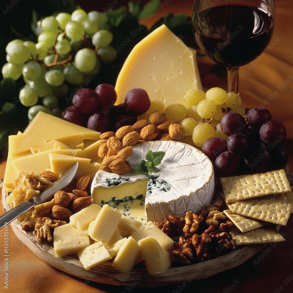 A platter of assorted cheeses including brie, gouda, and blue cheese