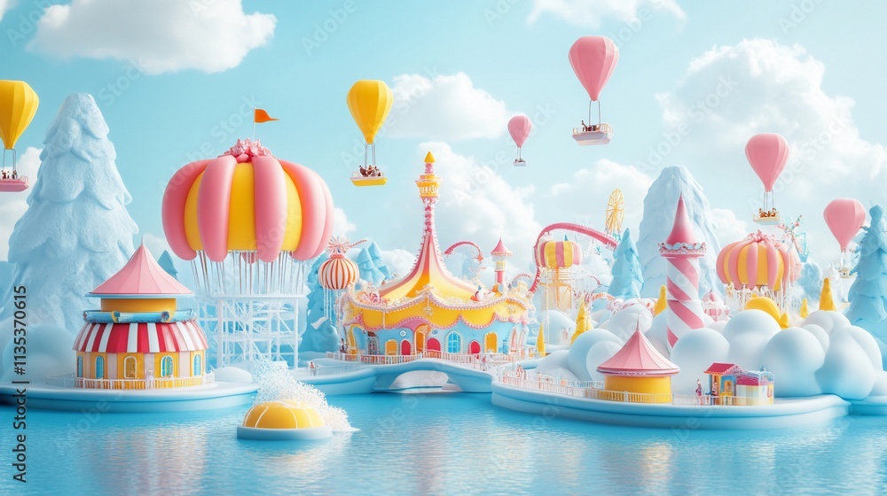 Whimsical fairytale amusement park with hot air balloons. Whimsical fairytale amusement park with hot air balloons.