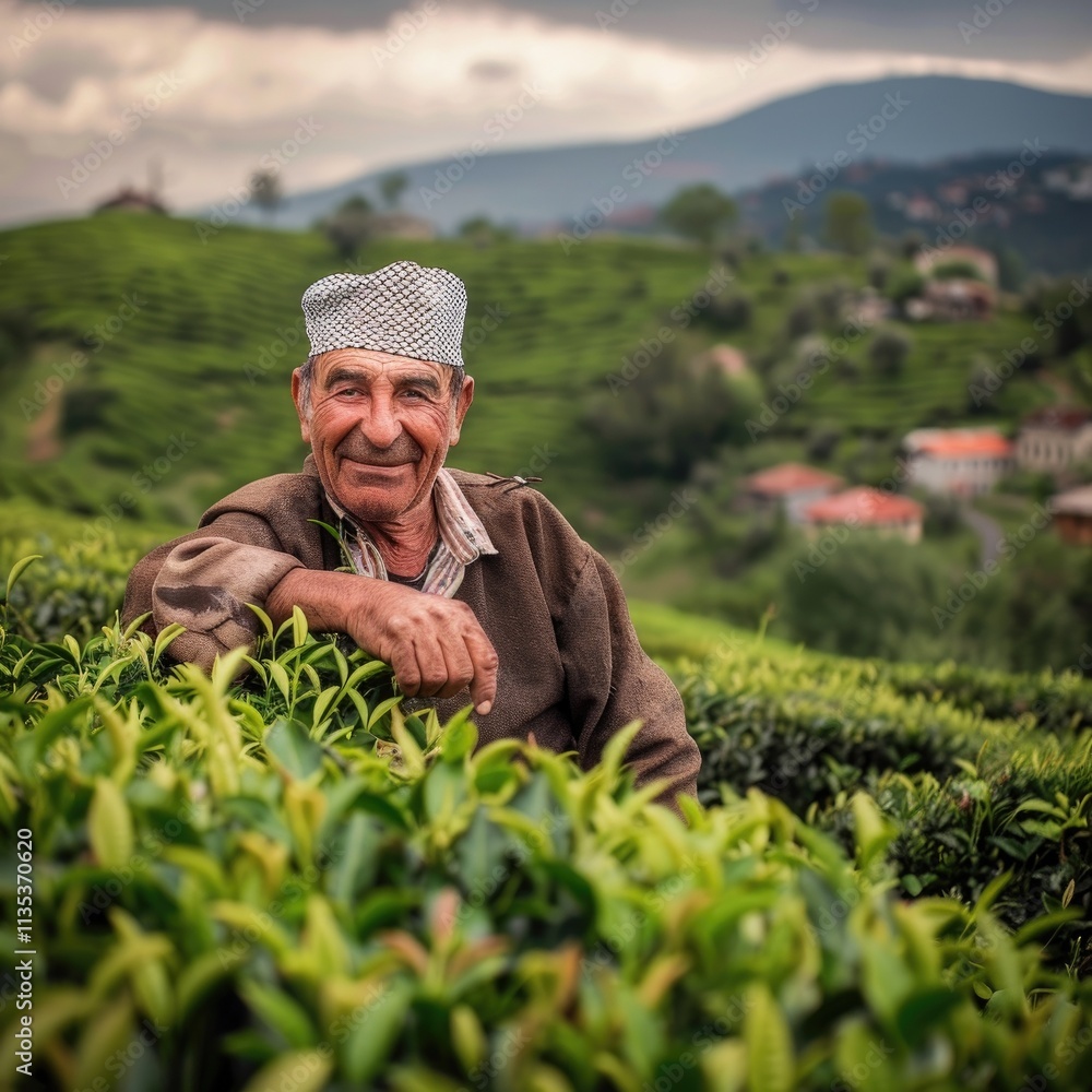 A man wearing a turban and a brown shirt is sitting in a field of green plants A man wearing a turban and a brown shirt is sitting in a field of green plants