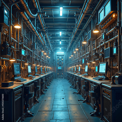 Neon Dreamscape: A Futuristic Corridor of Computers