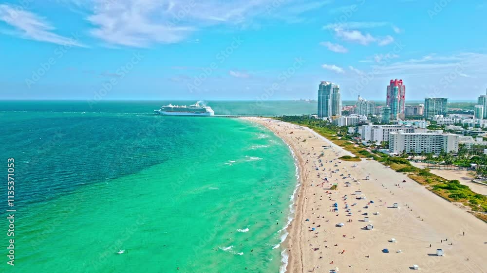Summer vacation at Biscayne Bay. Cruise ship at port Miami, Florida. Ship cruise liner at Miami beach. Aerial drone view. Coastline of Biscayne Bay. Miami south beach aerial view. Cruise destination Summer vacation at Biscayne Bay. Cruise ship at port Miami, Florida. Ship cruise liner at Miami beach. Aerial drone view. Coastline of Biscayne Bay. Miami south beach aerial view. Cruise destination