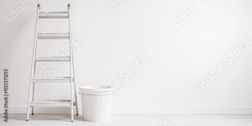 Professional Painting Setup with Ladder and Bucket in Minimalist Interior Setting. Ideal for renovation, construction, or labor concepts