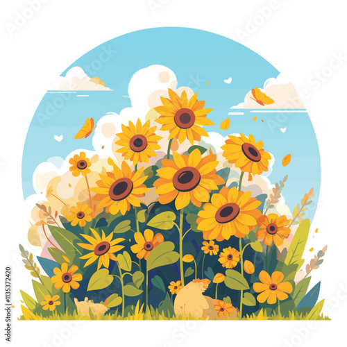 Illustration of a sunflower field, animation and motion graphics in vector format