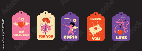 Saint Valentine's Day vector gift tags, cards, sticker elements set. Collection of cute groovy funky cartoon. Romantic 14 February design concept