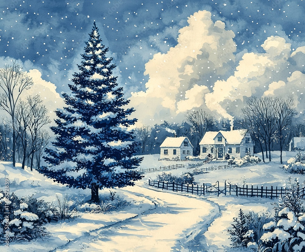 Fototapeta premium Winter road through snowy countryside with a pine tree and cottage