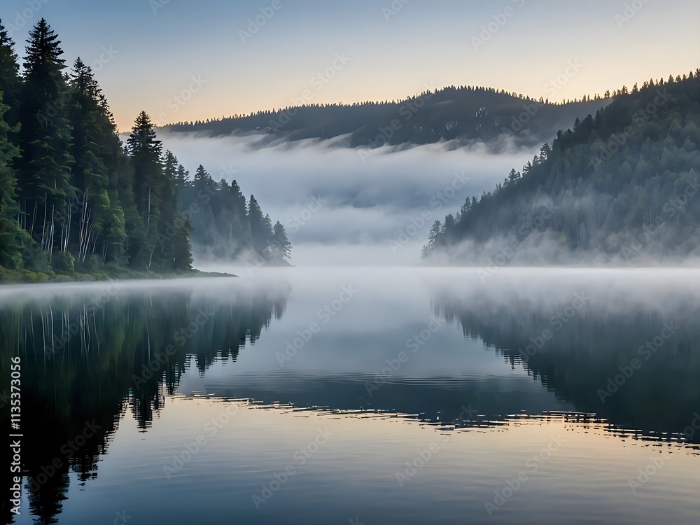 serene lake at dawn with mist hovering over the water serene lake at dawn with mist hovering over the water